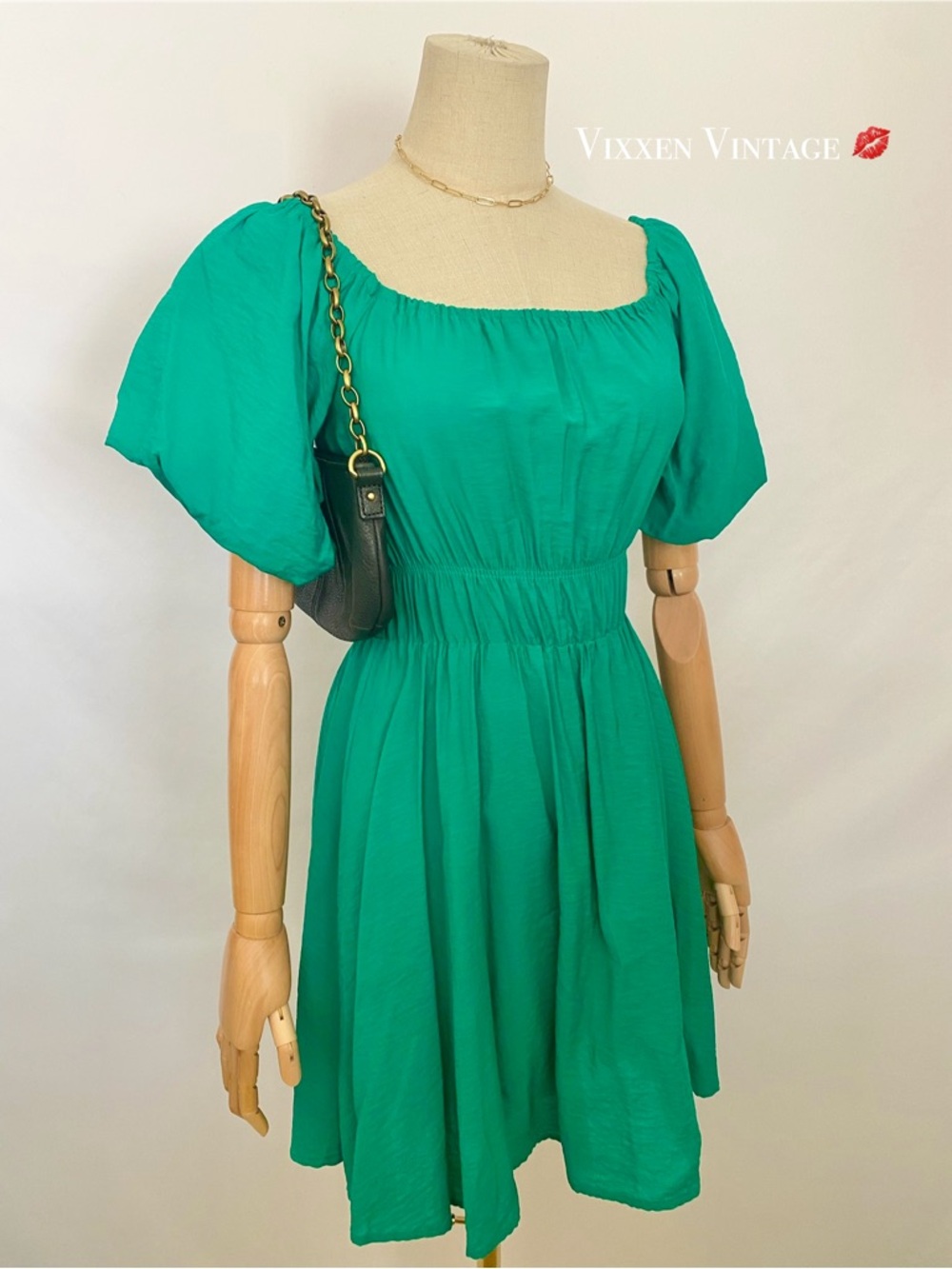 WILLOW & ROOT PUFF SLEEVE PEASANT MILKMAID MINI DRESS IN JADE